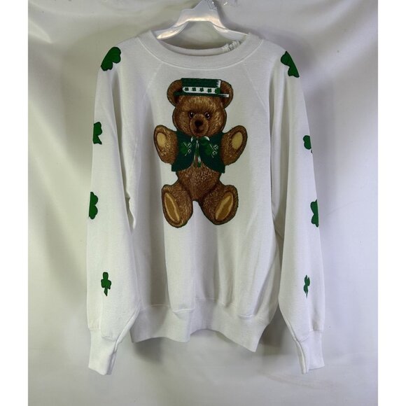 Vintage 90s St. Patricks Day Teddy Bear Irish Clover Sweatshirt USA - Picture 1 of 10